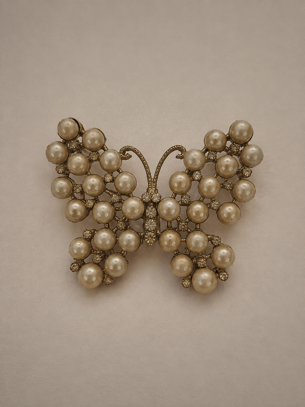 Vintage Faux Pearl Rhinestone Butterfly Brooch