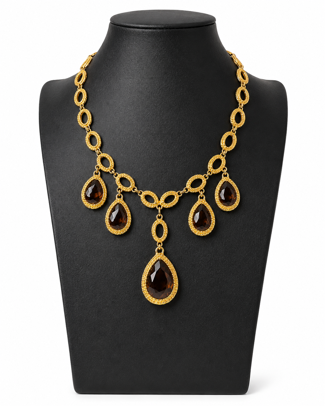 Vintage Gold Tone Teardrop Necklace with Brown Stones