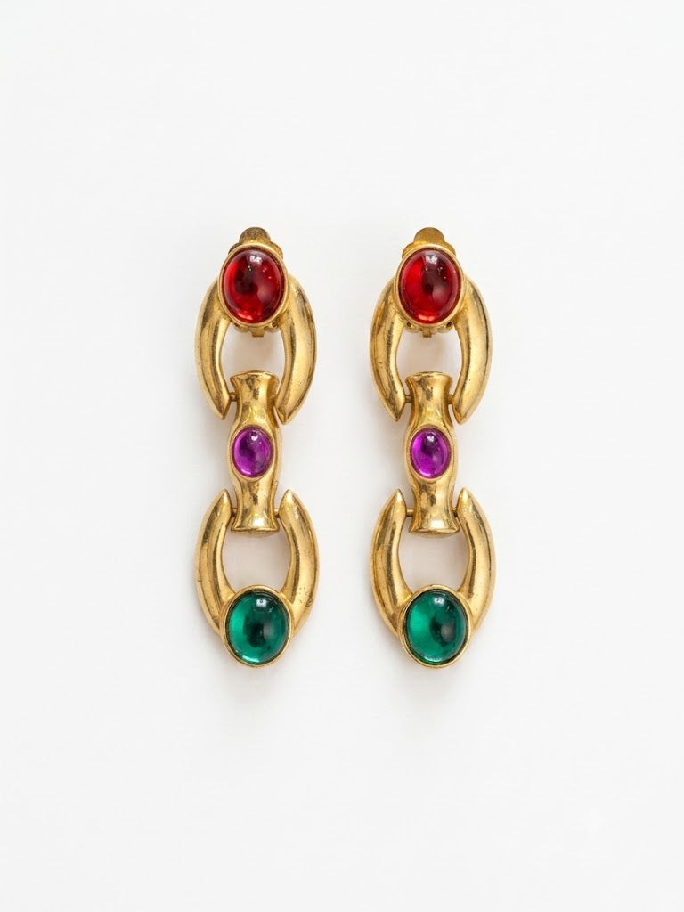 Vintage Art Deco Jewel Cabochon Link Clip On Earrings