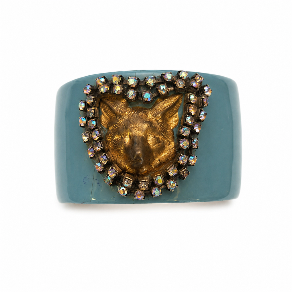 Vintage Turquoise Enamel Fox Statement Cuff Bracelet