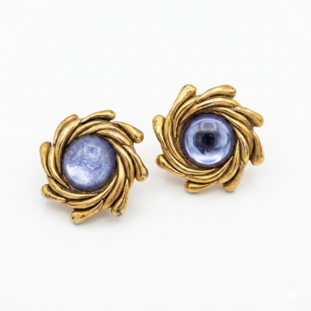 Vintage Gold Tone Swirl Earrings with Lavender Cabochons