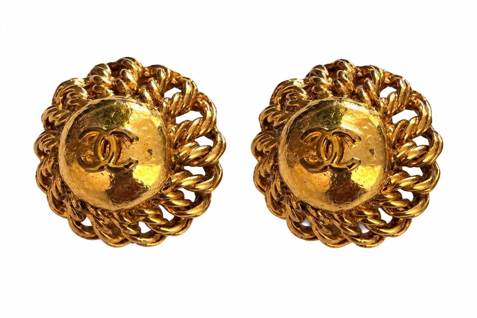 Chanel Vintage Concave Dome Chain Clip-On Earrings