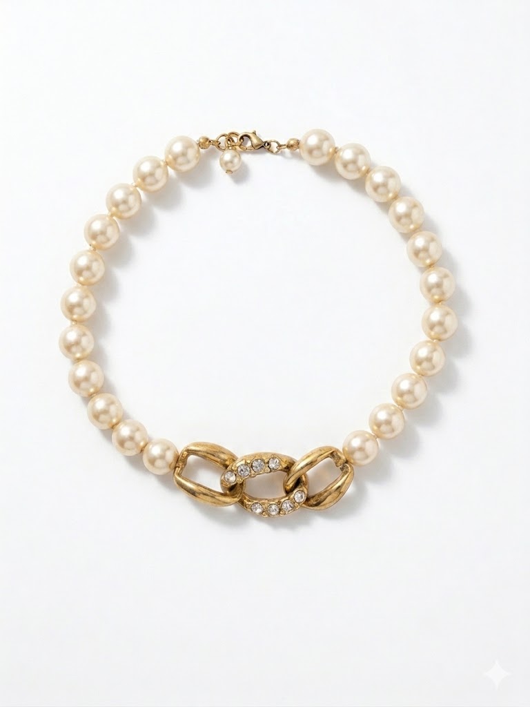Vintage Faux Pearl & Crystal Link Statement Collar Necklace