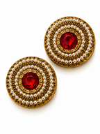Vintage Baroque Revival Pearl & Red Crystal Medallion Earrings