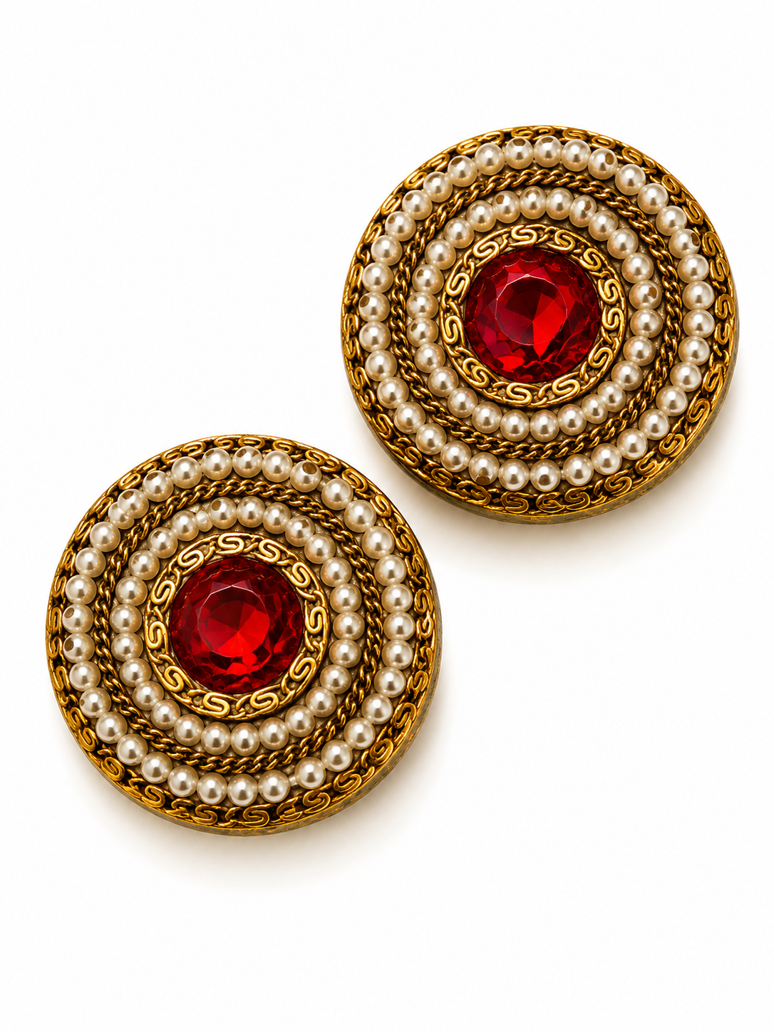 Vintage Baroque Revival Pearl & Red Crystal Medallion Earrings