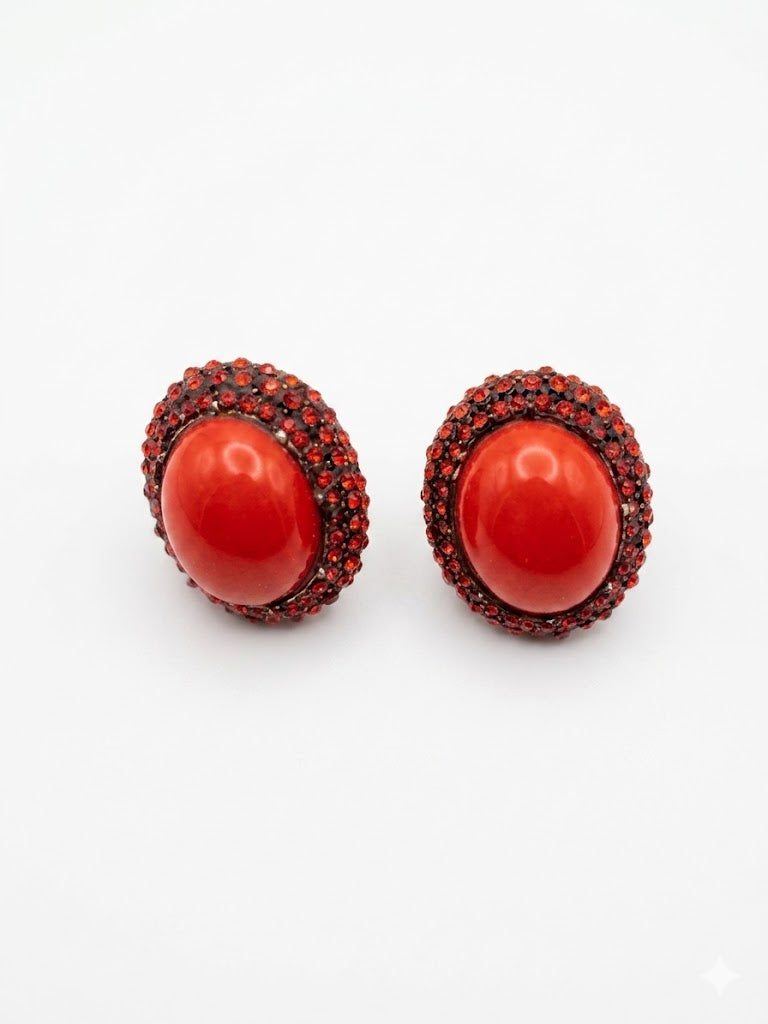 Vintage Coral Cabochon & Crystal Pavé Pin Earrings