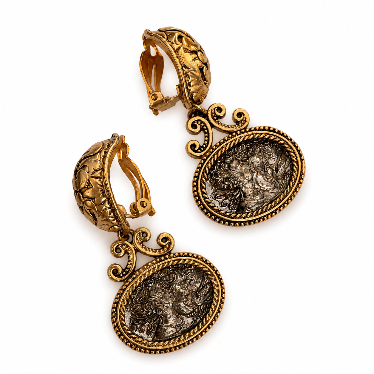 Vintage Roman Coin Revival Medallion Clip On Earrings