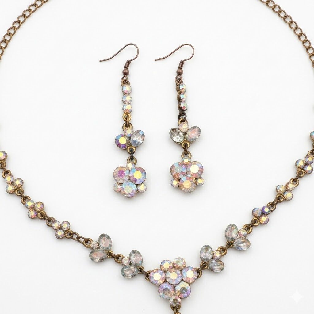 Vintage Aurora Borealis Floral Necklace and Earrings Set