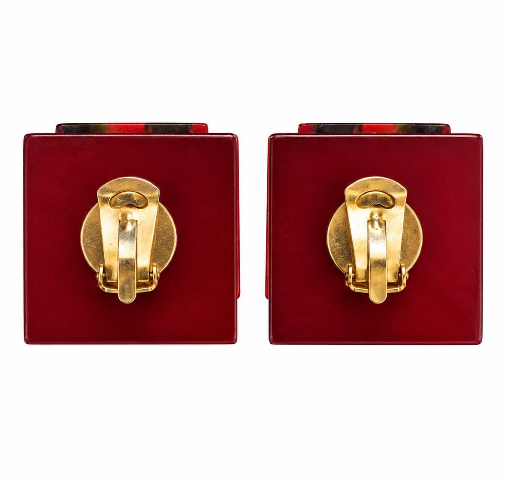 Vintage Art Deco Geometric Red & Black Clip-On Earrings