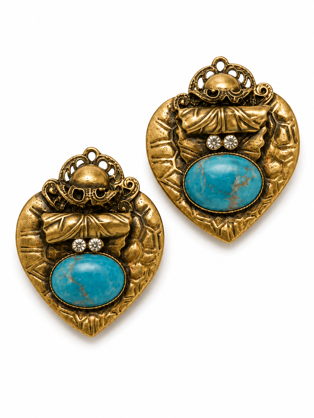 Vintage Turquoise Cabochon Copper Heart Clip-On Earrings