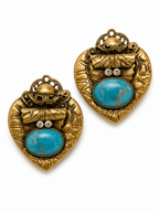 Vintage Turquoise Cabochon Copper Heart Clip-On Earrings
