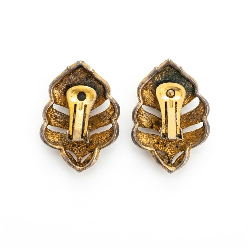 Vintage Art Nouveau Enamel Leaf Clip-On Earrings