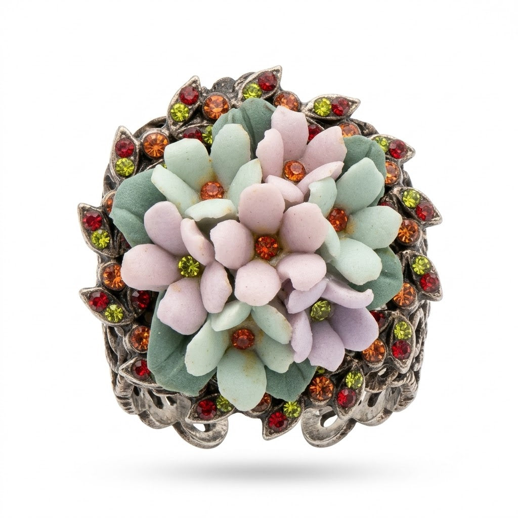 Vintage Signed Floral Porcelain Statement Ring