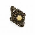 Vintage Ornate Filigree Mandala Ring Antiqued Gold Cream Cabochon