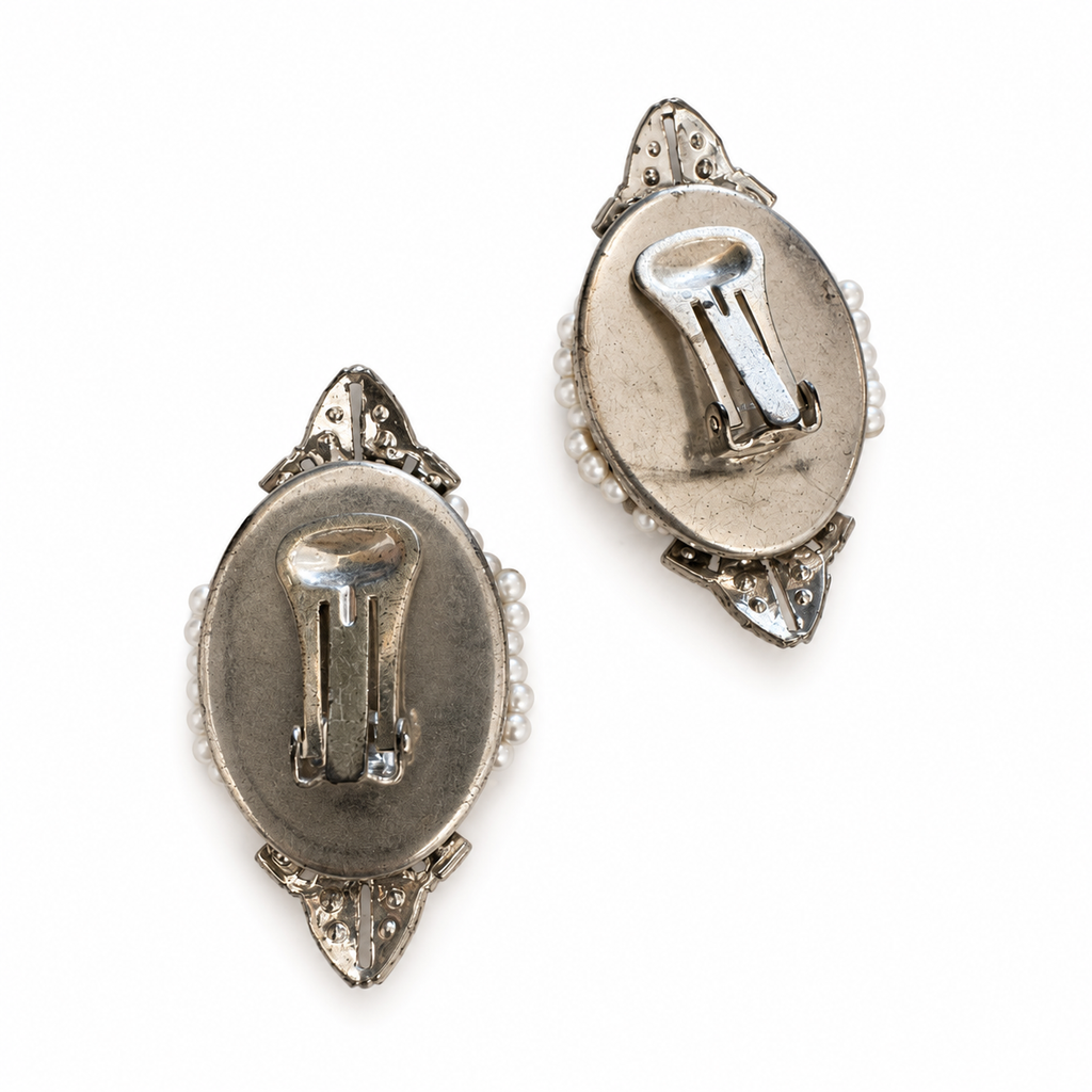 Vintage Art Deco Pearl Pavé Clip On Earrings