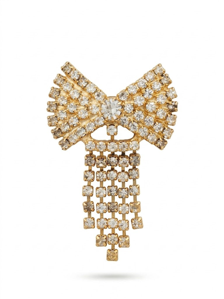 Vintage Rhinestone Bow Fringe Statement Brooch