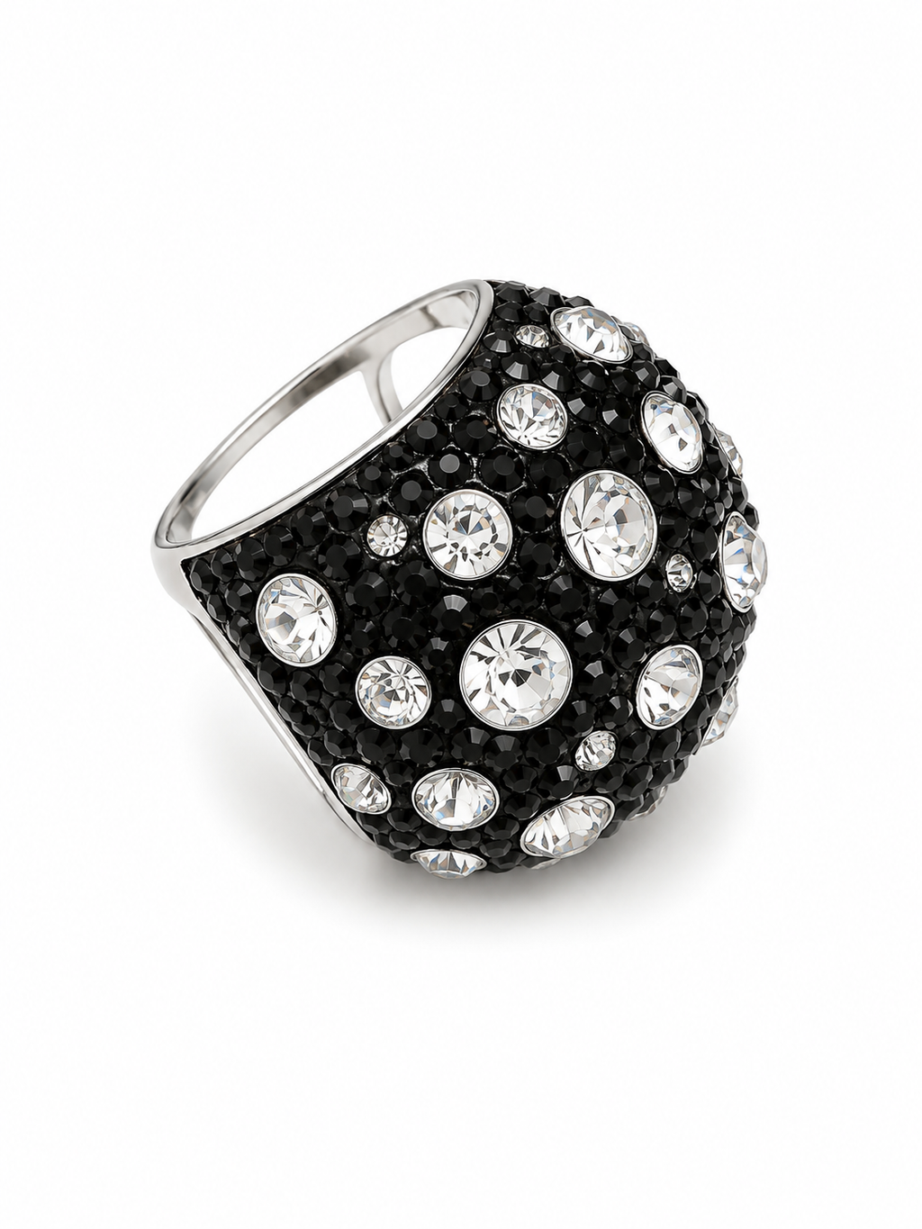 Modernist Pave Crystal Dome Ring Black & Clear Silver Tone