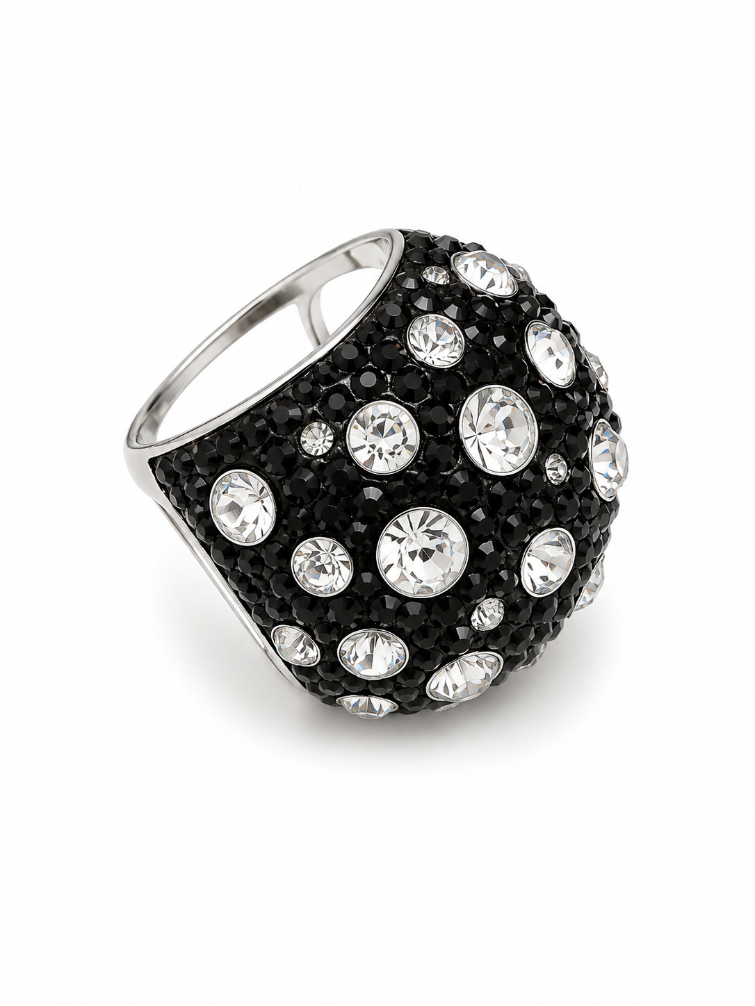 Modernist Pave Crystal Dome Ring Black & Clear Silver Tone