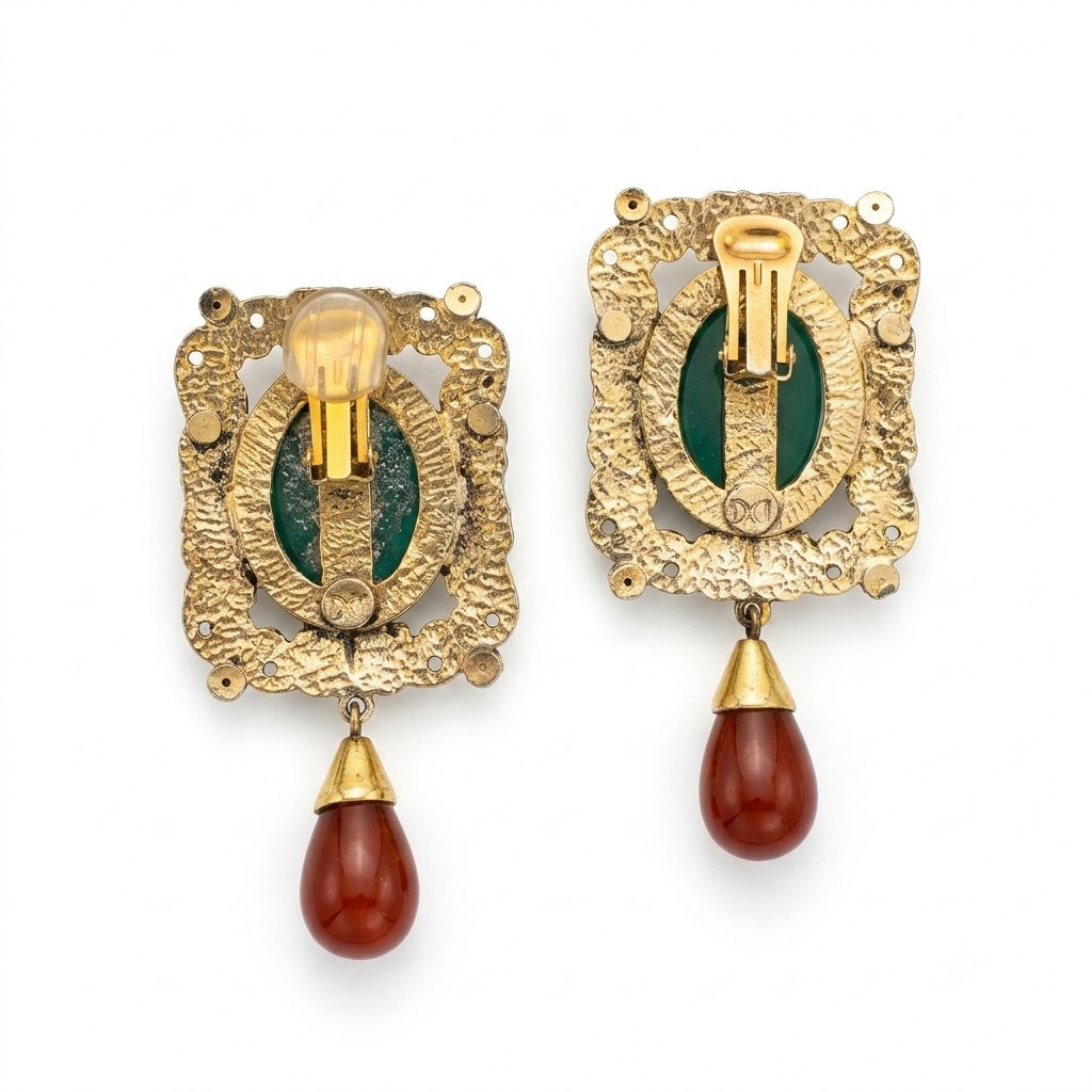 Vintage Deluigoro Italian Byzantine Revival Cabochon Drop Clip On Earrings