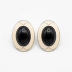 Vintage Black Cabochon Silver Tone Clip On Earrings