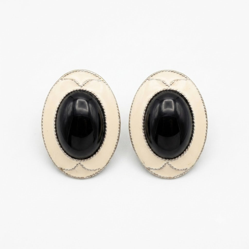 Vintage Black Cabochon Silver Tone Clip On Earrings