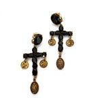 Vintage Baroque Revival Black Crystal Cross Coin Drop Earrings