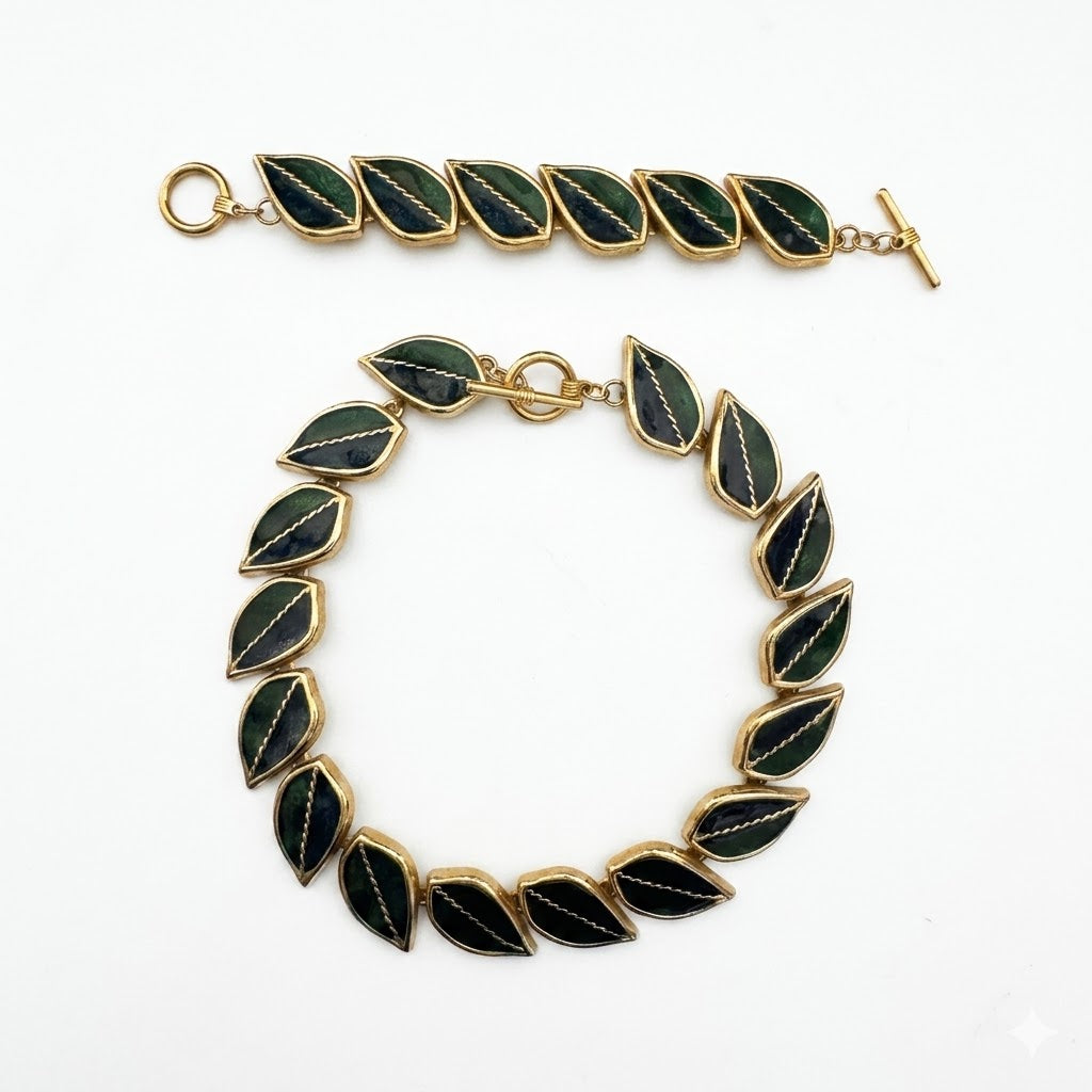 Vintage Gold Leaf Link Necklace & Bracelet Set