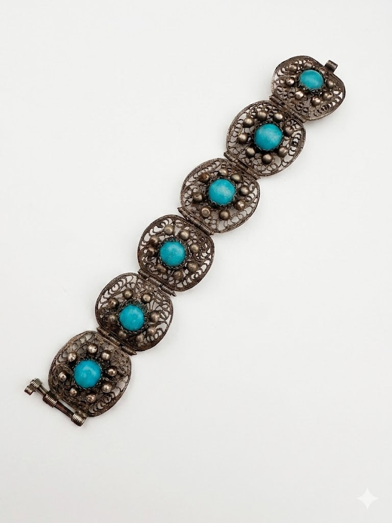 Vintage Filigree Panel Bracelet with Turquoise Cabochons