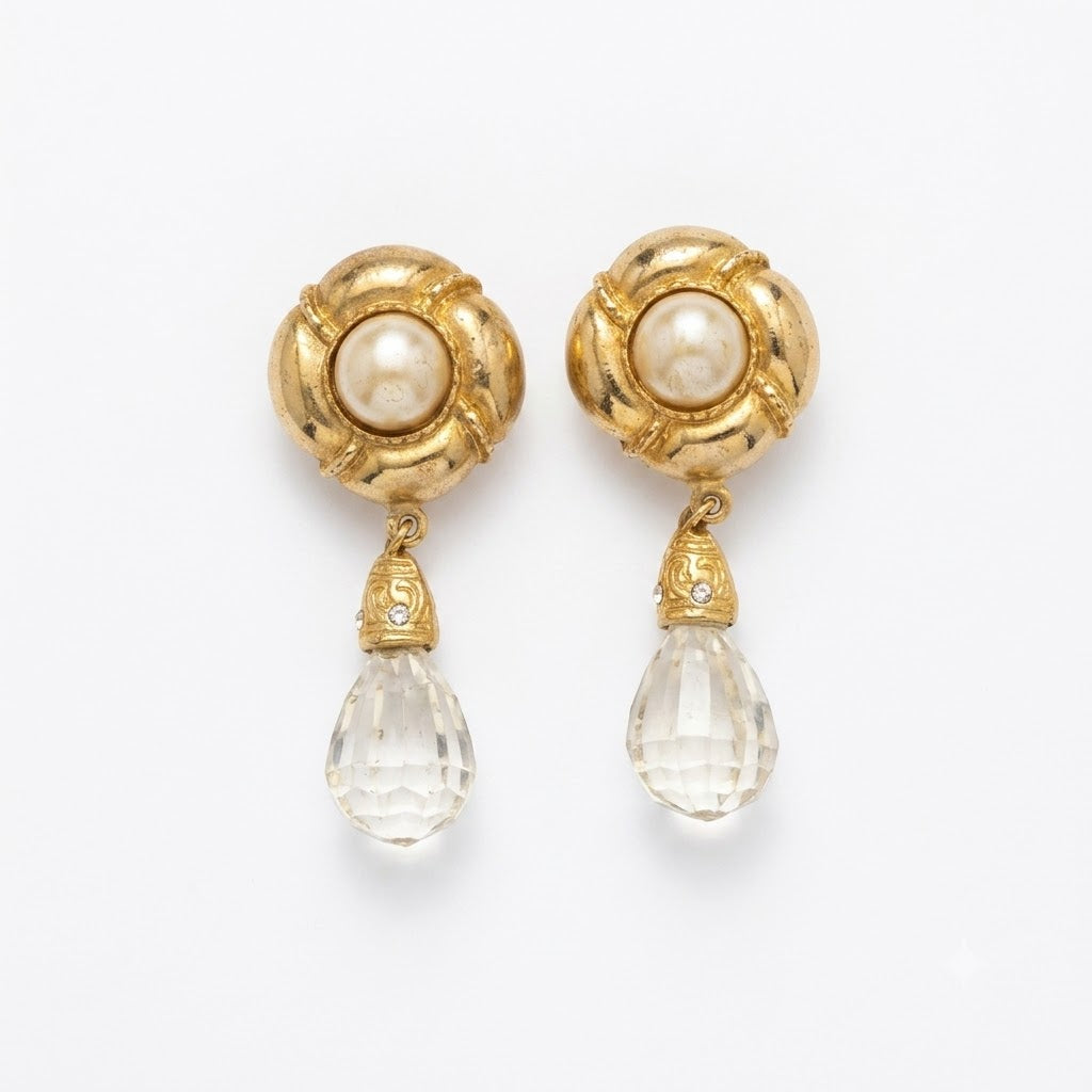 Vintage Crystal Drop Pearl Clip On Earrings