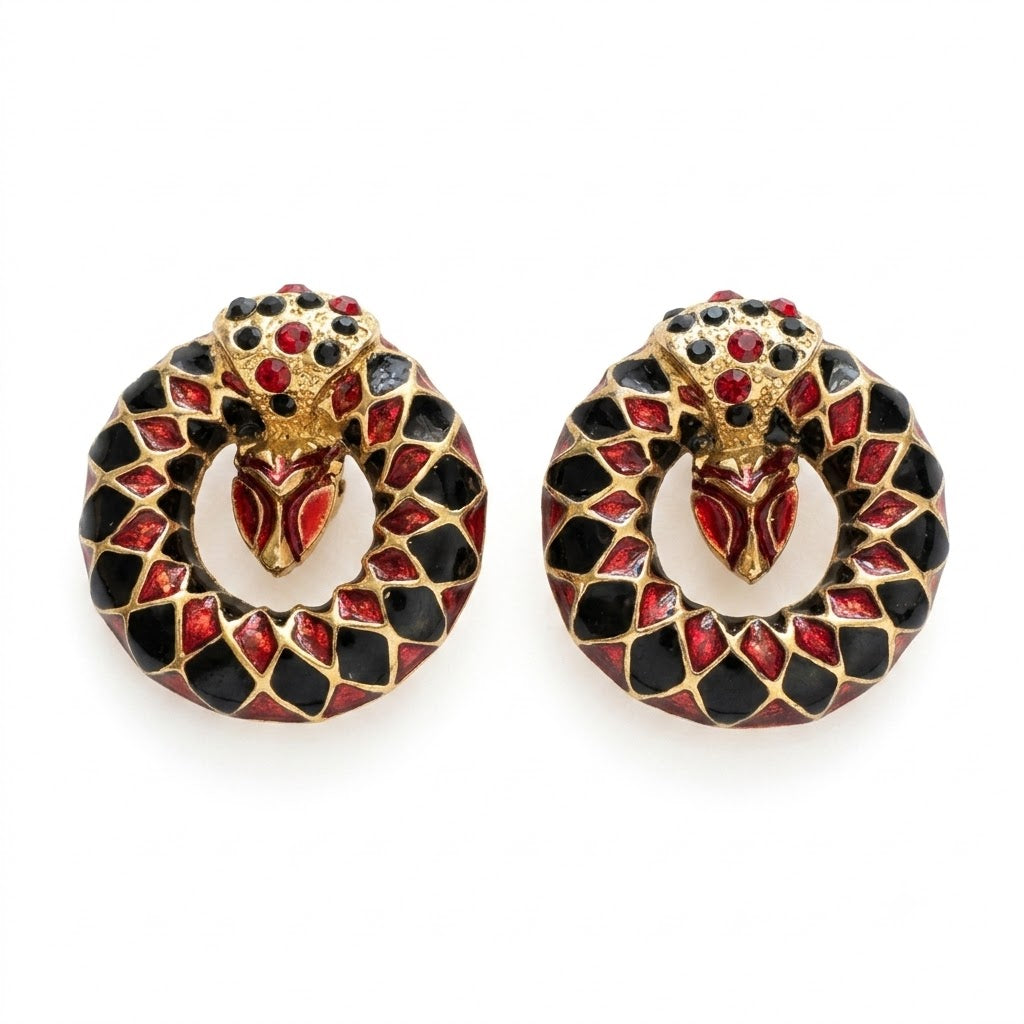 Vintage De Luigoro Enamel Snake Serpent Clip On Earrings