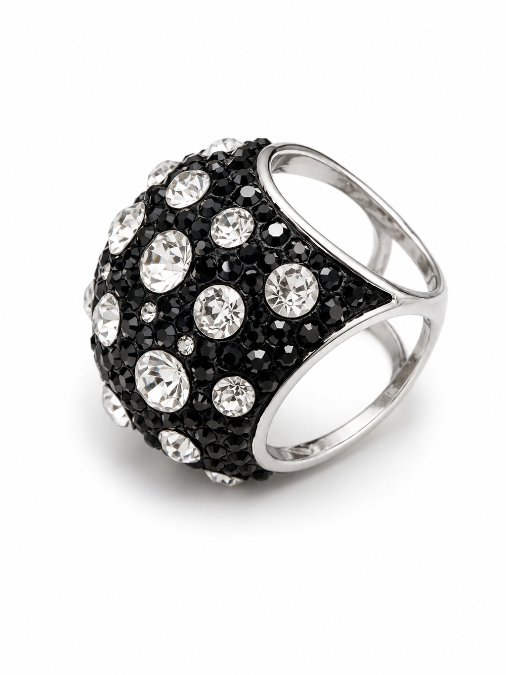 Modernist Pave Crystal Dome Ring Black & Clear Silver Tone