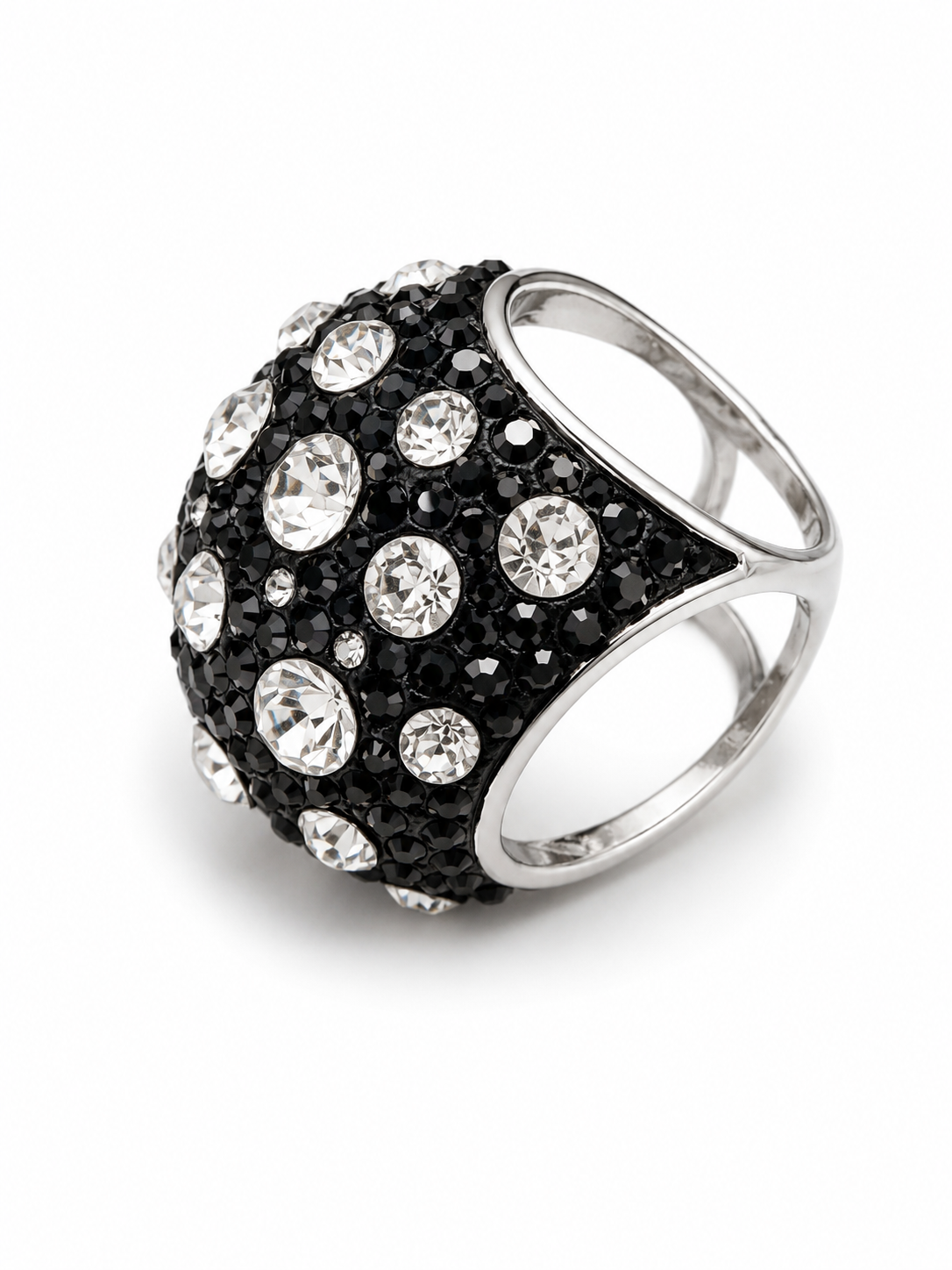 Modernist Pave Crystal Dome Ring Black & Clear Silver Tone