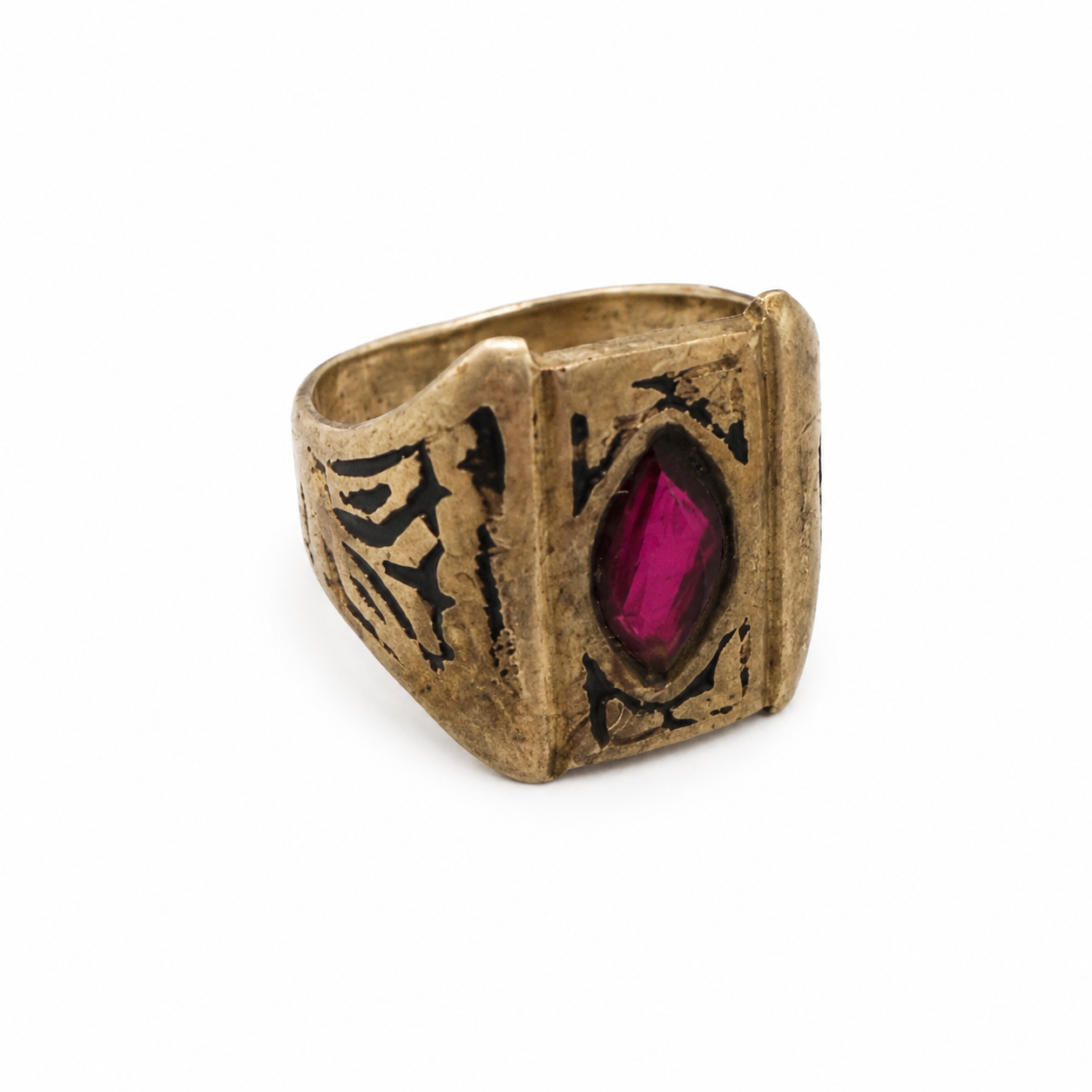Vintage 1960s Afghani Kuchi Tribal Signet Ring Ruby Bronze Tone