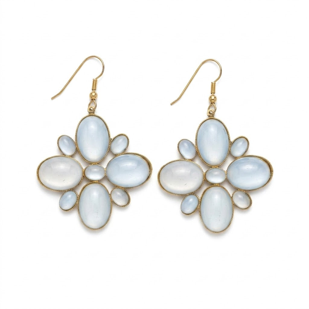 Vintage Floral Cluster Cabochon Drop Earrings