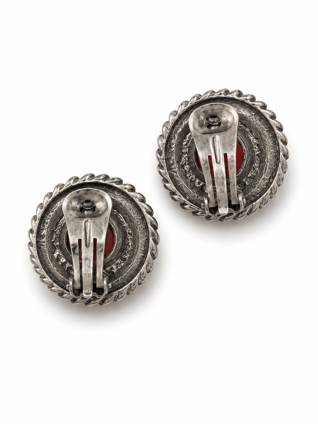 Vintage Retro Red Cabochon Silver-Tone Rope Earrings