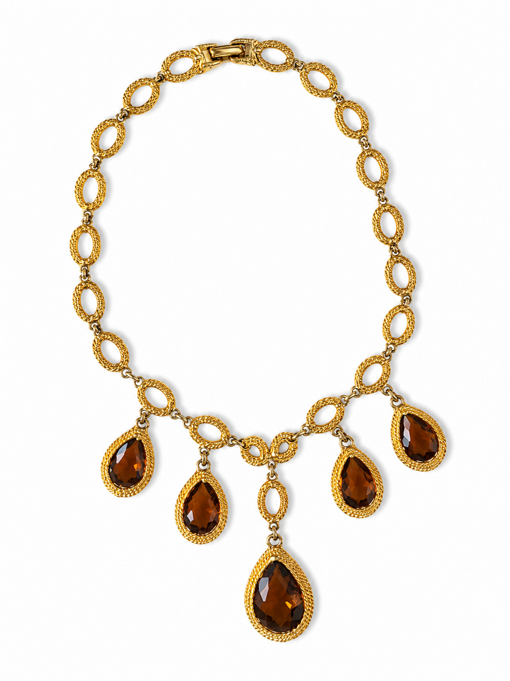 Vintage Gold Tone Teardrop Necklace with Brown Stones