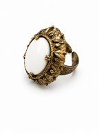 Vintage Ornate White Cabochon Statement Ring Antiqued Gold Filigree