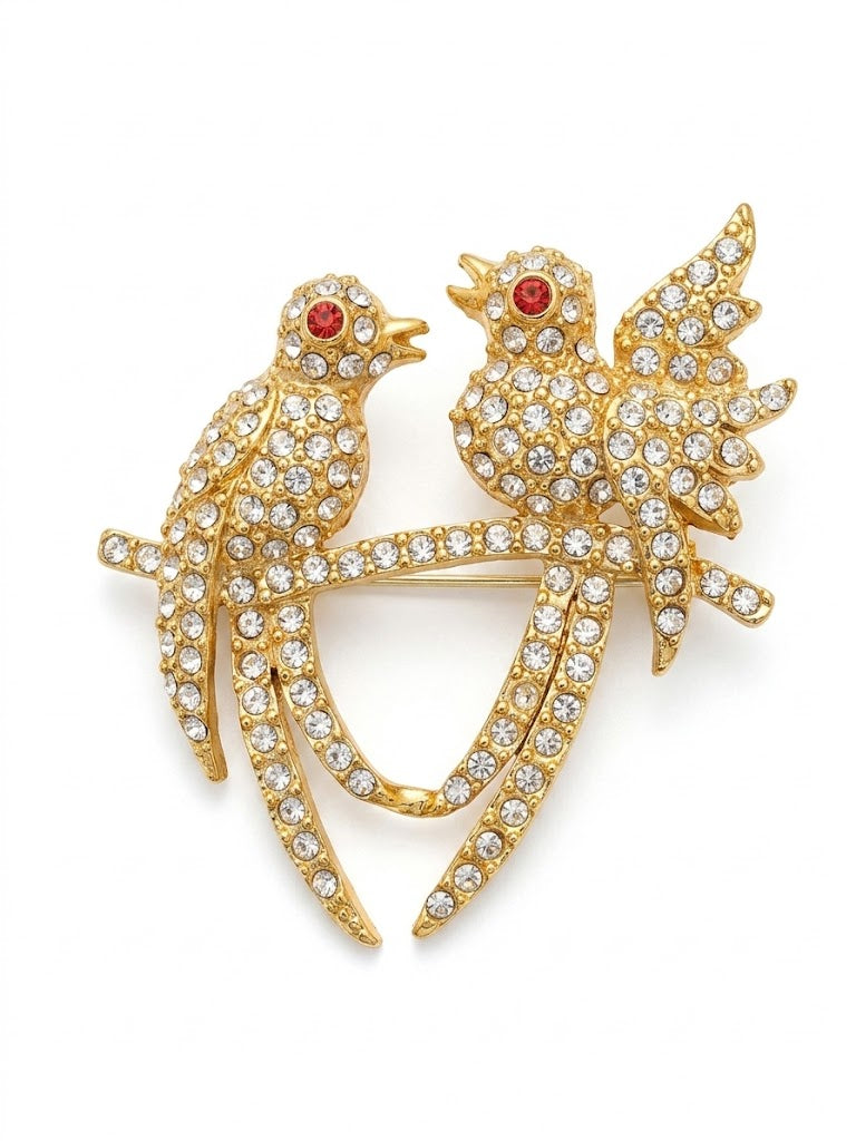 Vintage Rhinestone Birds Statement Brooch