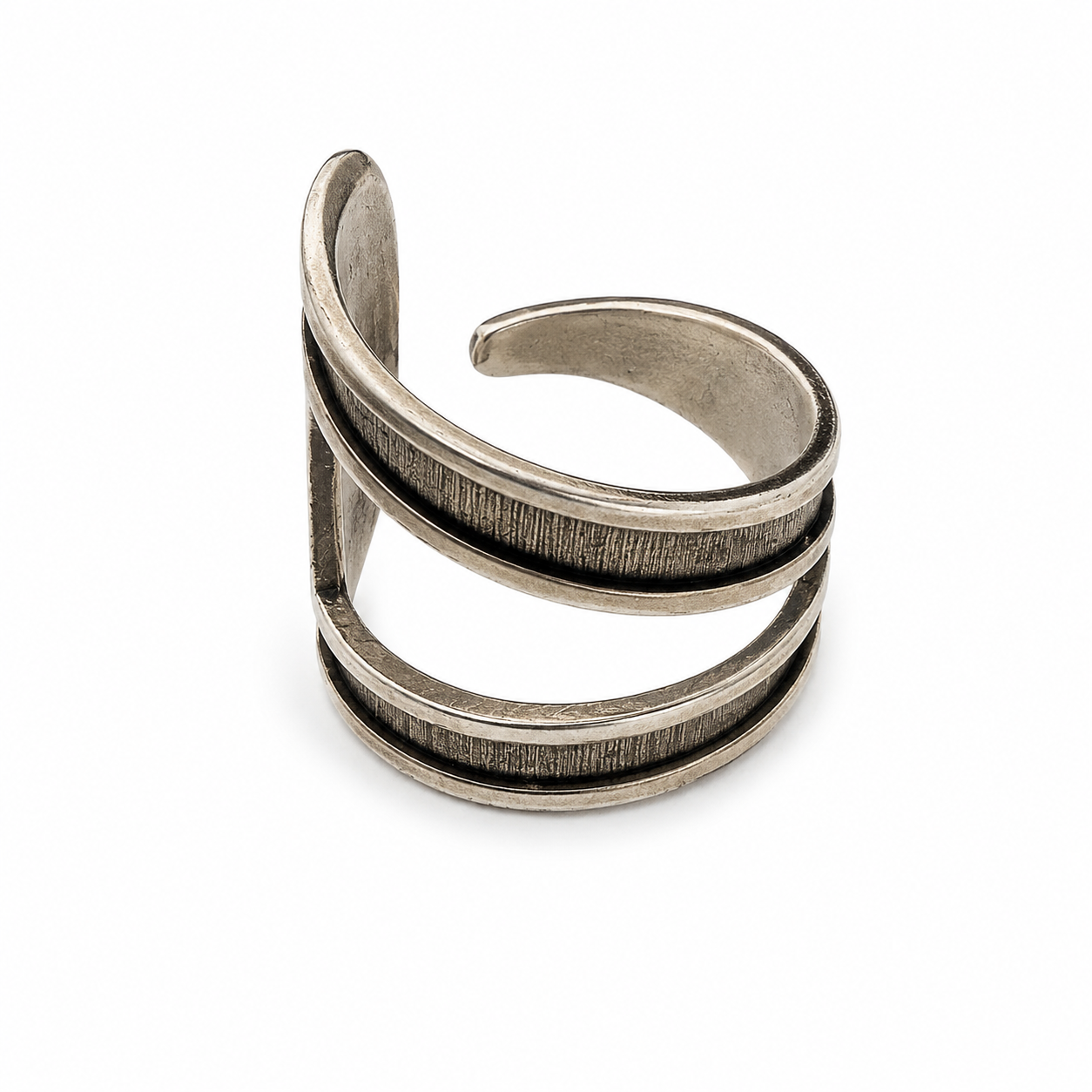 Modernist Shield Bypass Ring Antiqued Silver Tone