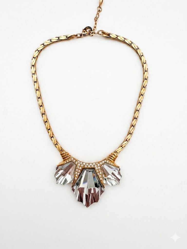 Vintage Art Deco Revival Crystal Fan Statement Necklace