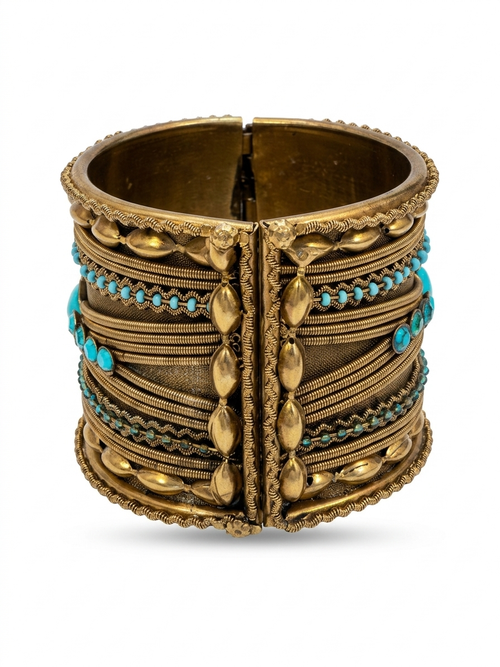 Bohemian Antiqued Brass Cuff with Turquoise-Tone Accents