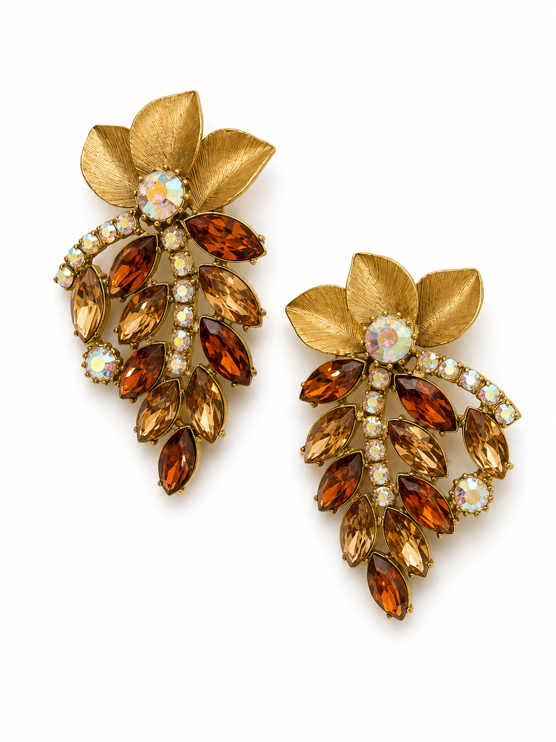 Vintage Rhinestone Leaf Cascade Statement Earrings