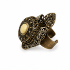 Vintage Ornate Filigree Mandala Ring Antiqued Gold Cream Cabochon