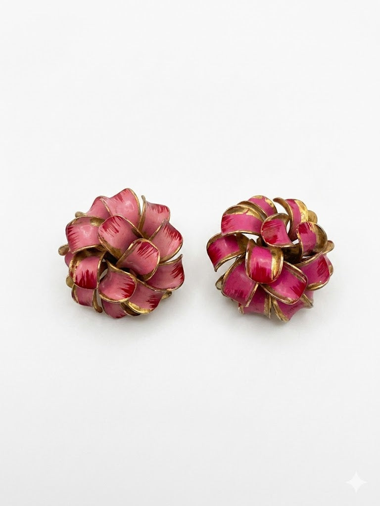 Vintage Gold-Plated Pink Enamel Floral Stud Earrings