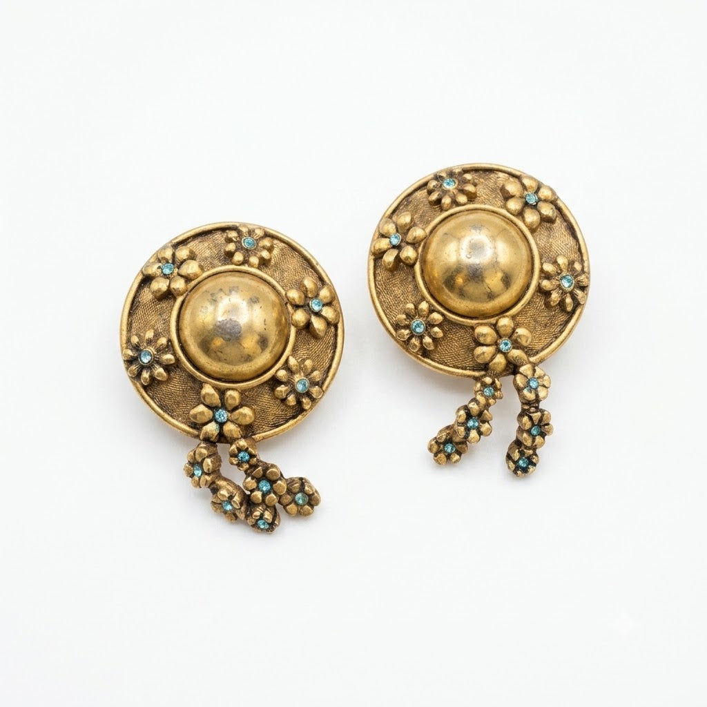 Vintage Floral Tassel Disc Clip On Earrings