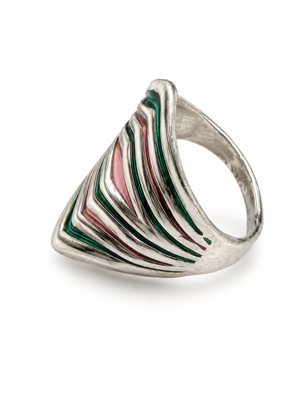 Vintage Modernist Chevron Enamel Shield Ring Pink & Green Silver Tone
