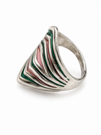 Vintage Modernist Chevron Enamel Shield Ring Pink & Green Silver Tone
