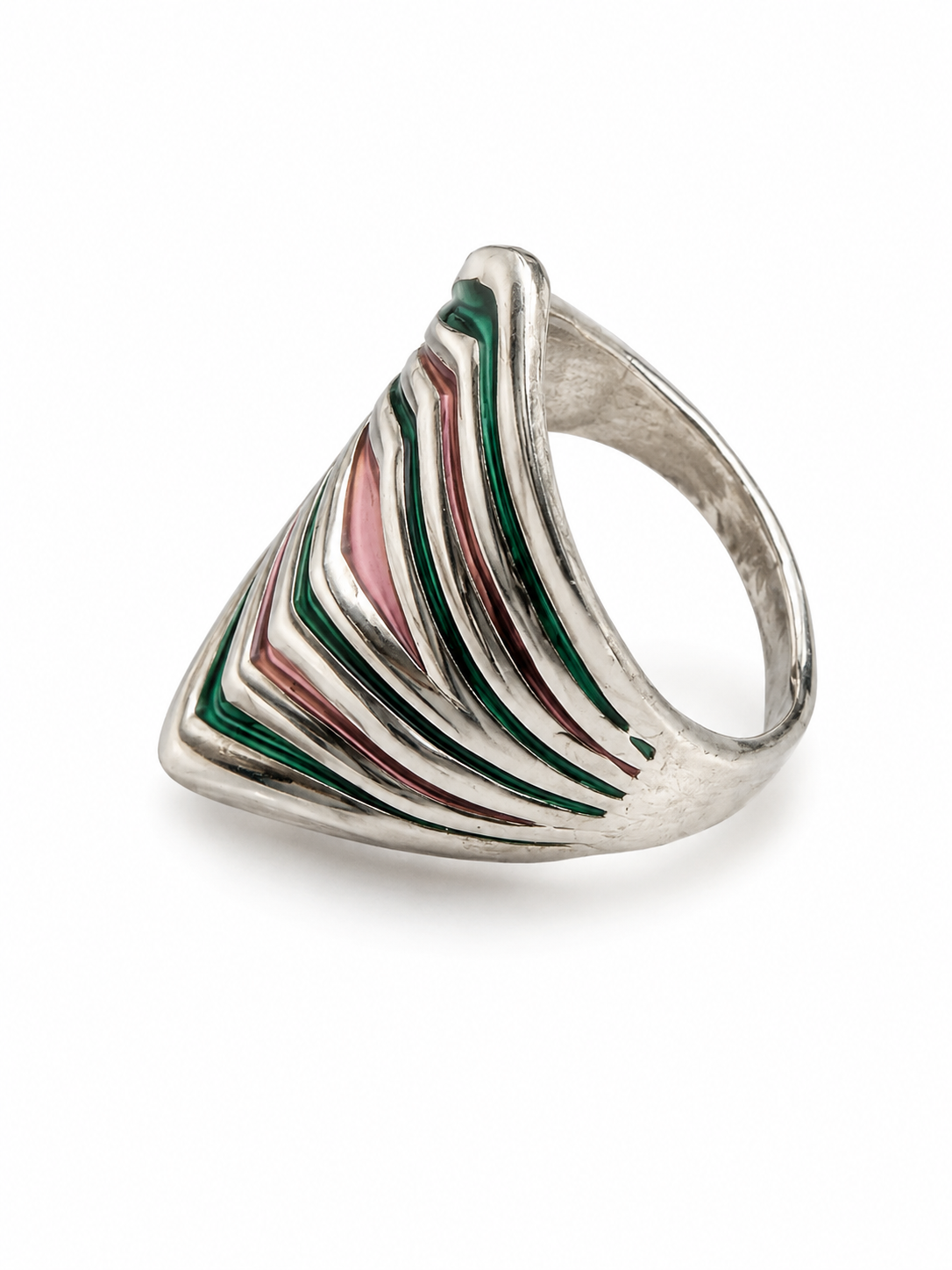 Vintage Modernist Chevron Enamel Shield Ring Pink & Green Silver Tone