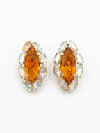 Vintage Signed Amber Crystal Aurora Borealis Clip On Earrings