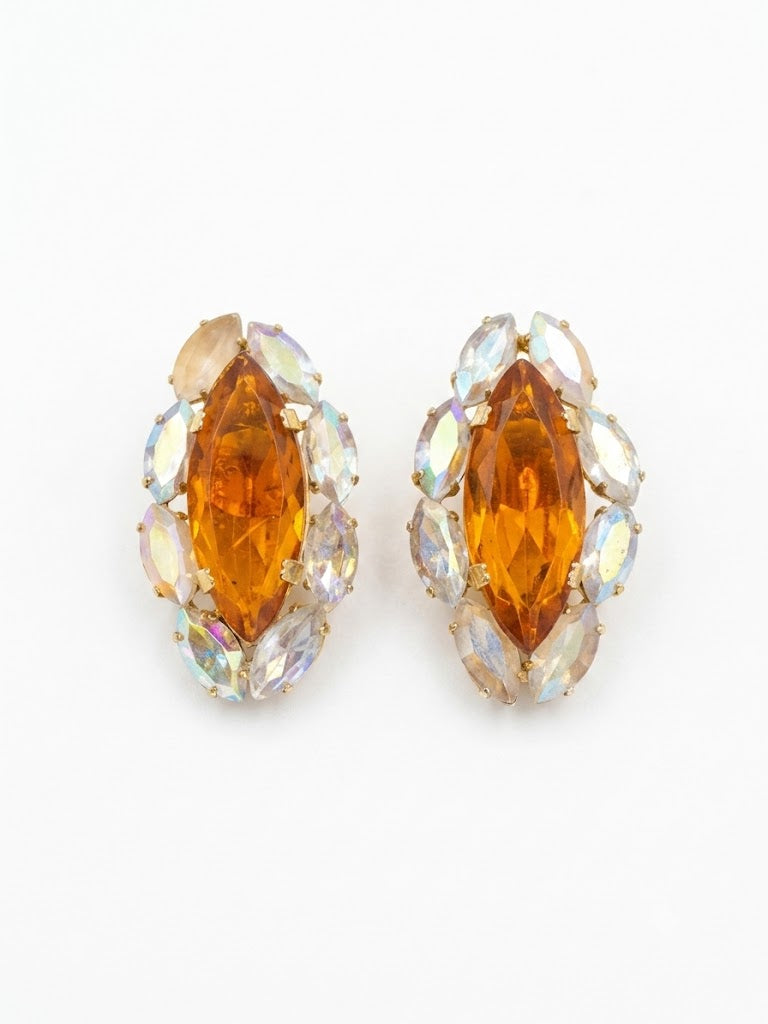 Vintage Signed Amber Crystal Aurora Borealis Clip On Earrings